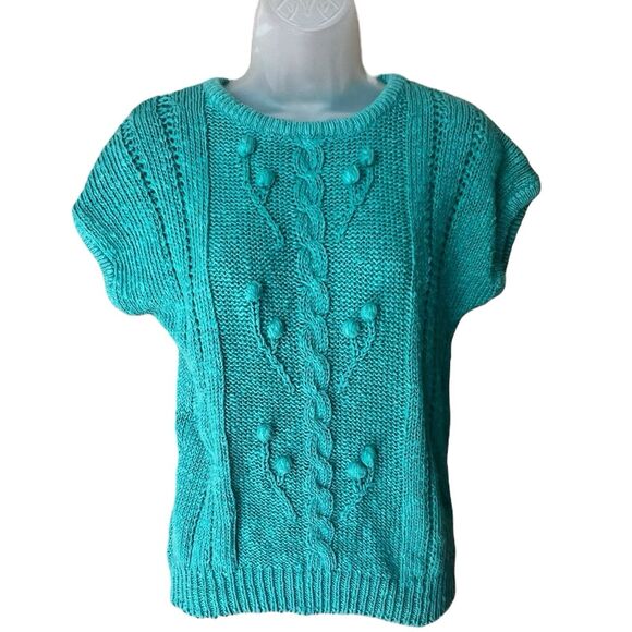 Vtg 80s KORET Turquoise Short Sleeve Pom Pom Cableknit Sweater Sz M Preppy Mom - Picture 4 of 15